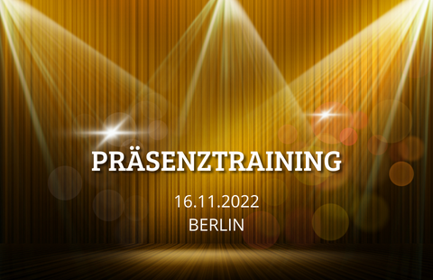 Präsnztraining auf der Businessbühne - Schriftzug auf eine beleuchteten Bühne